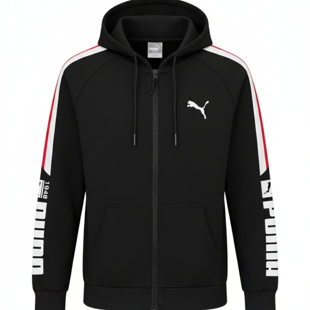 PUMA - Training full-zip track Jacket - Black, White and Red Stripes - Boys XL